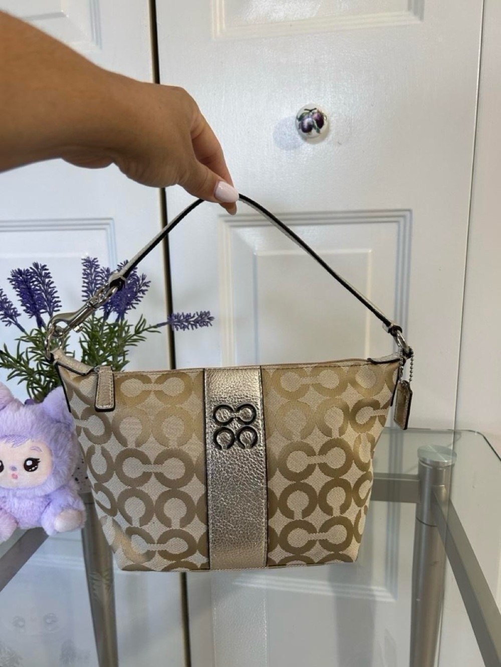 Coach Vintage Beige Logo-Print Mini Bag with Metallic Center Stripe